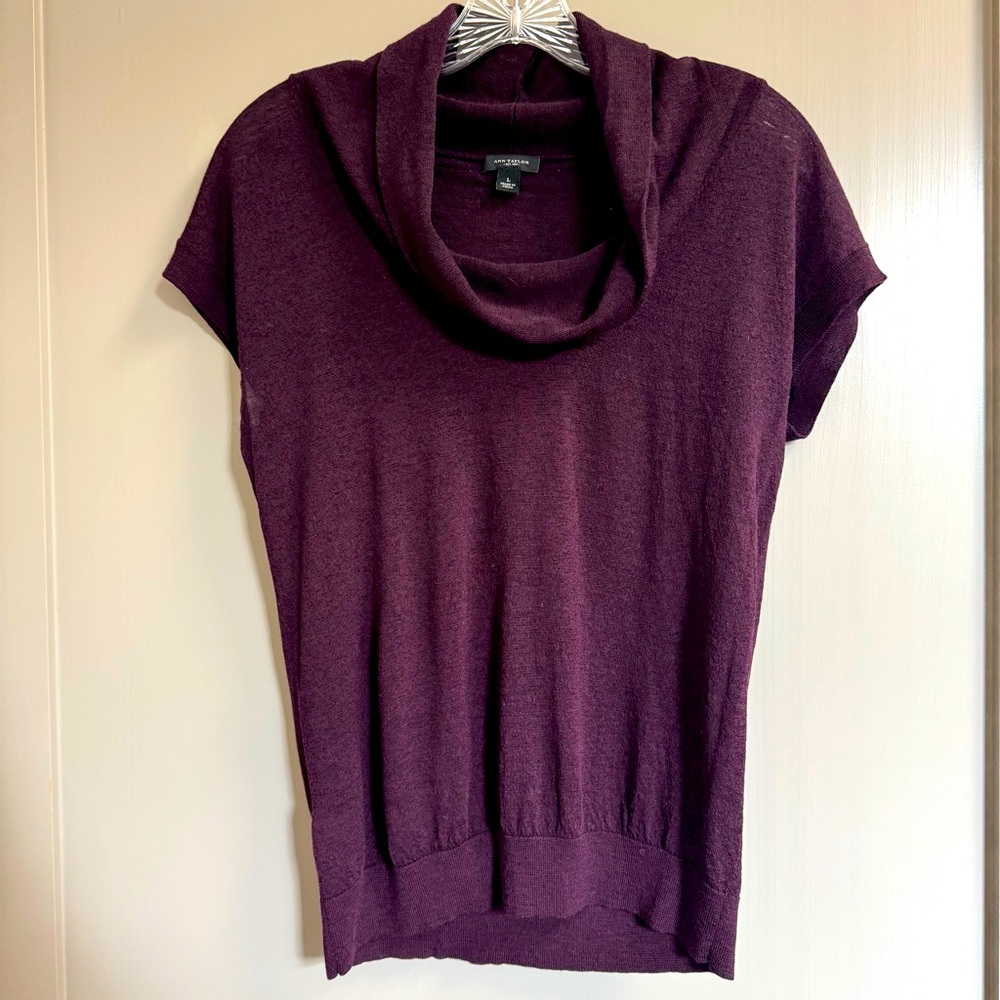 Ann Taylor Merino Wool Cowl Neck Short Cap Sleeve Lightweight Top Purple Sz‎ L